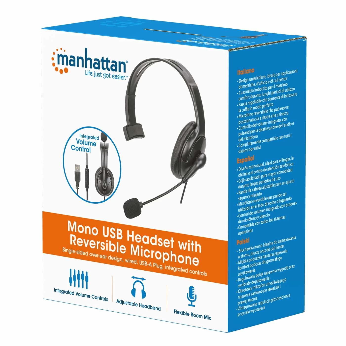 Manhattan Mono USB Headset Over-Ear with Reversible Microphone